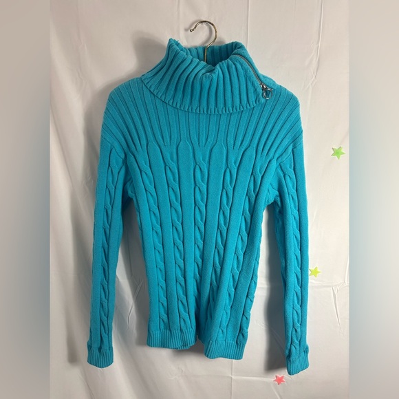 Y2K Wool Blend Cable Knit Turquoise Turtleneck with Silver Zipper Size M - Picture 10 of 16